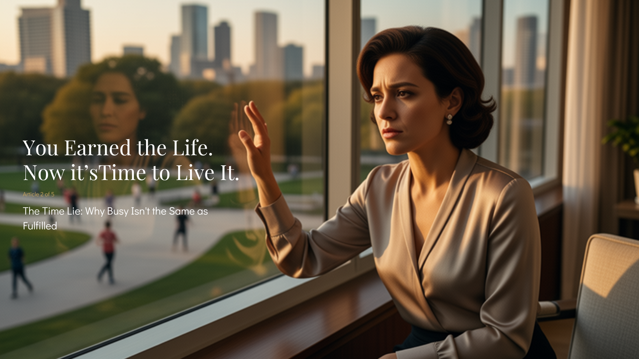Woman staring out the window longing to live her life outside of her business success.